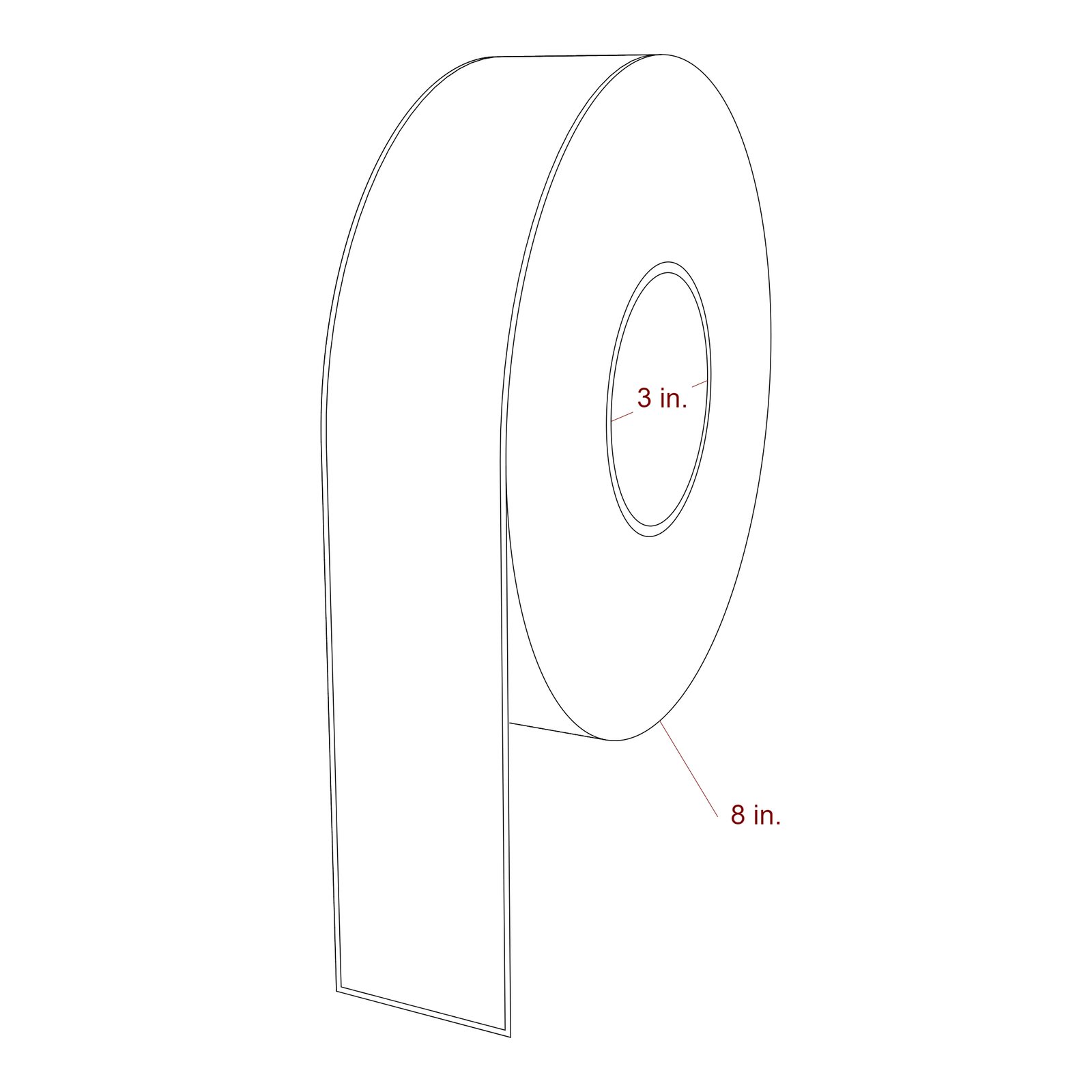 2 Inch x 12 Inch Rectangle Inkjet Label Roll - 3 Inch Core - 8 Inch Roll OD - 3D Perspective