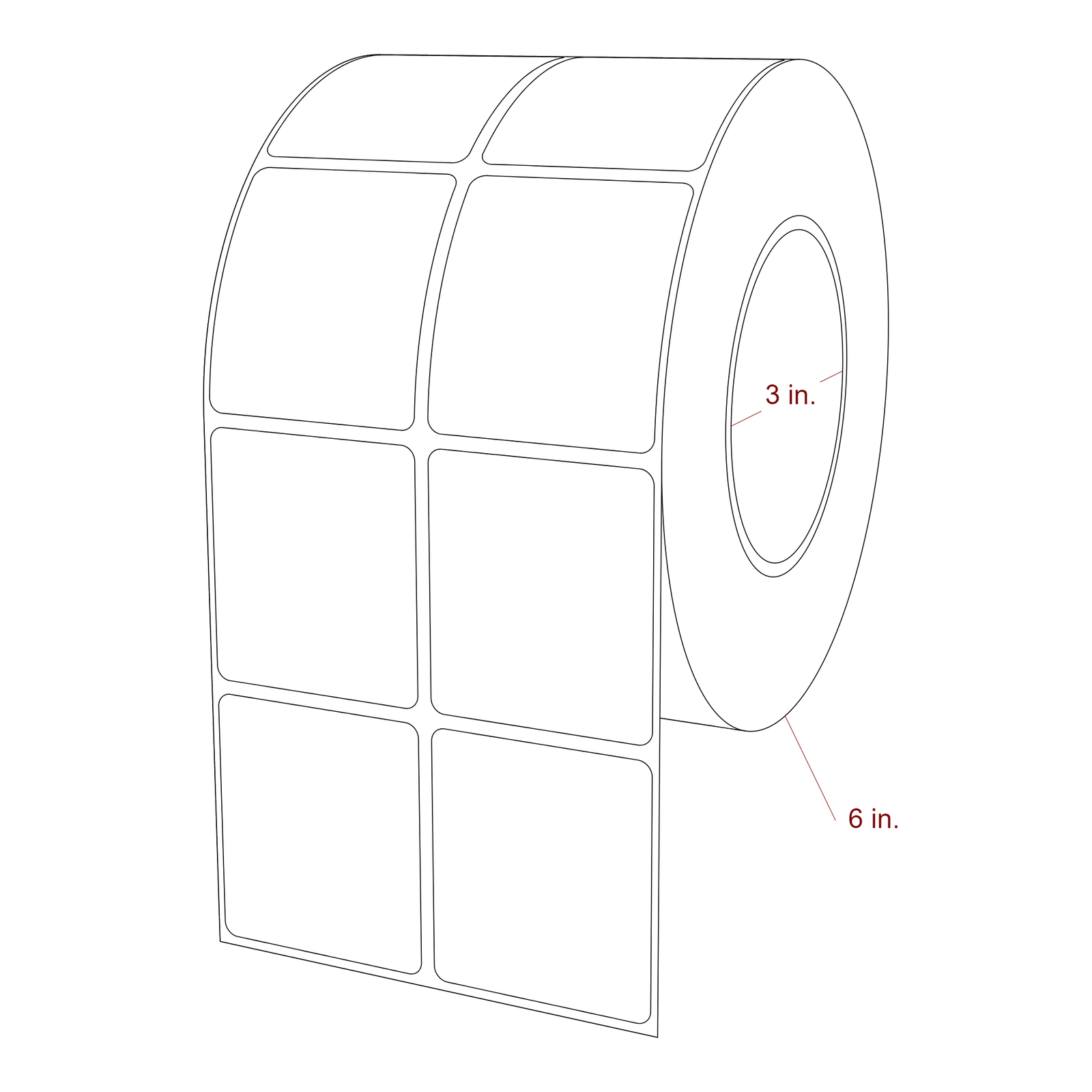 2 Inch x 2.25 Inch Rectangle Inkjet Label Roll - 3 Inch Core - 6 Inch Roll OD - 2Up - 3D Perspective