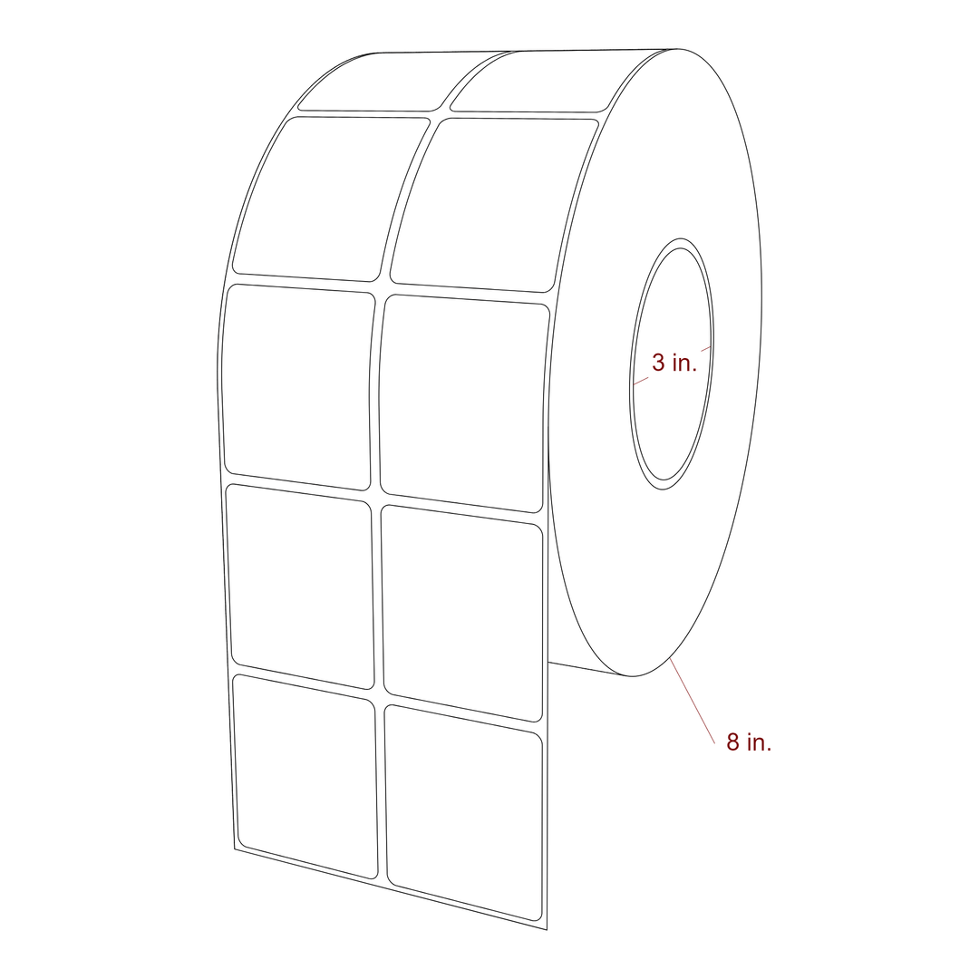 2 Inch x 2.25 Inch Rectangle Inkjet Label Roll - 3 Inch Core - 8 Inch Roll OD - 2Up - 3D Perspective
