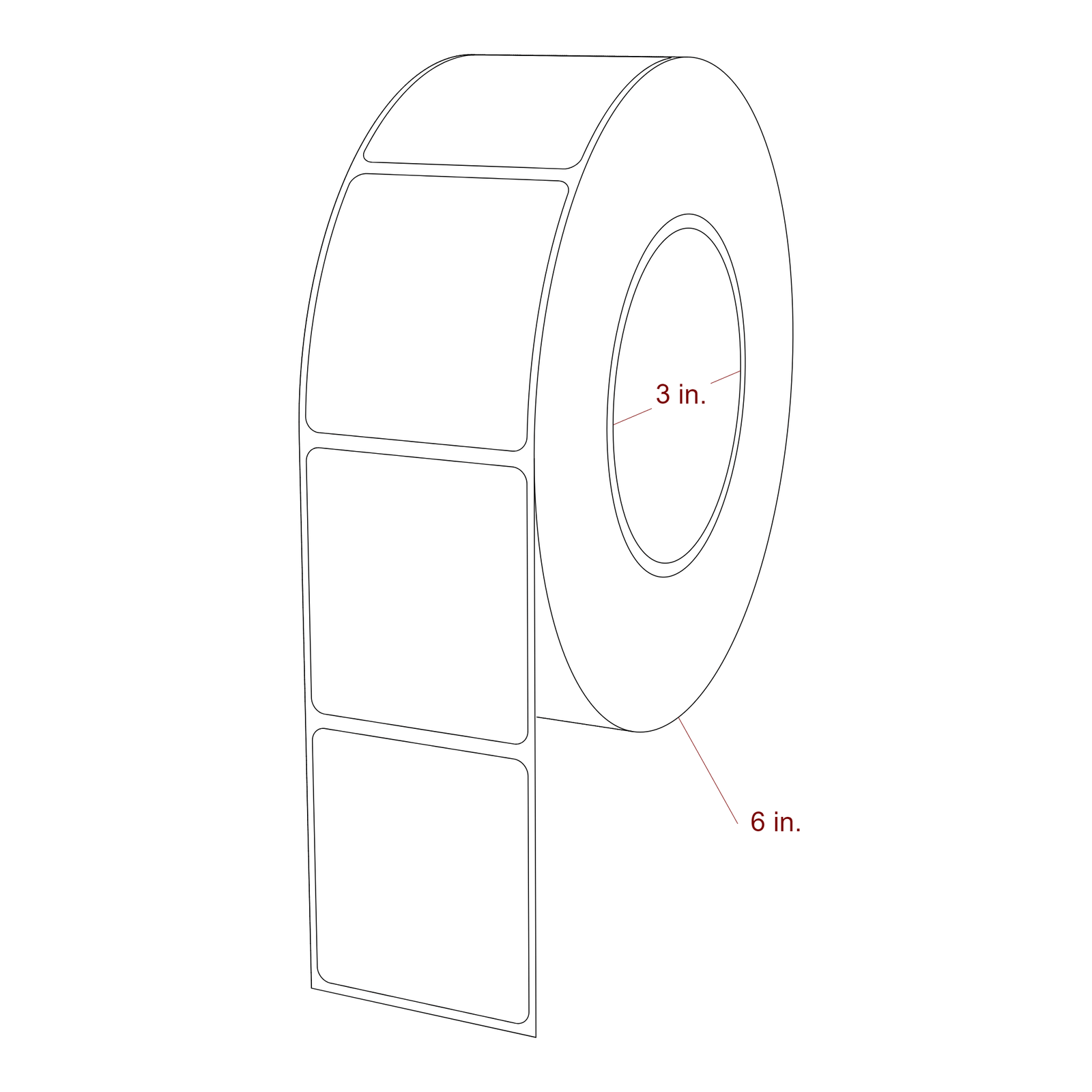 2 Inch x 2.25 Inch Rectangle Inkjet Label Roll - 3 Inch Core - 6 Inch Roll OD - 3D Perspective