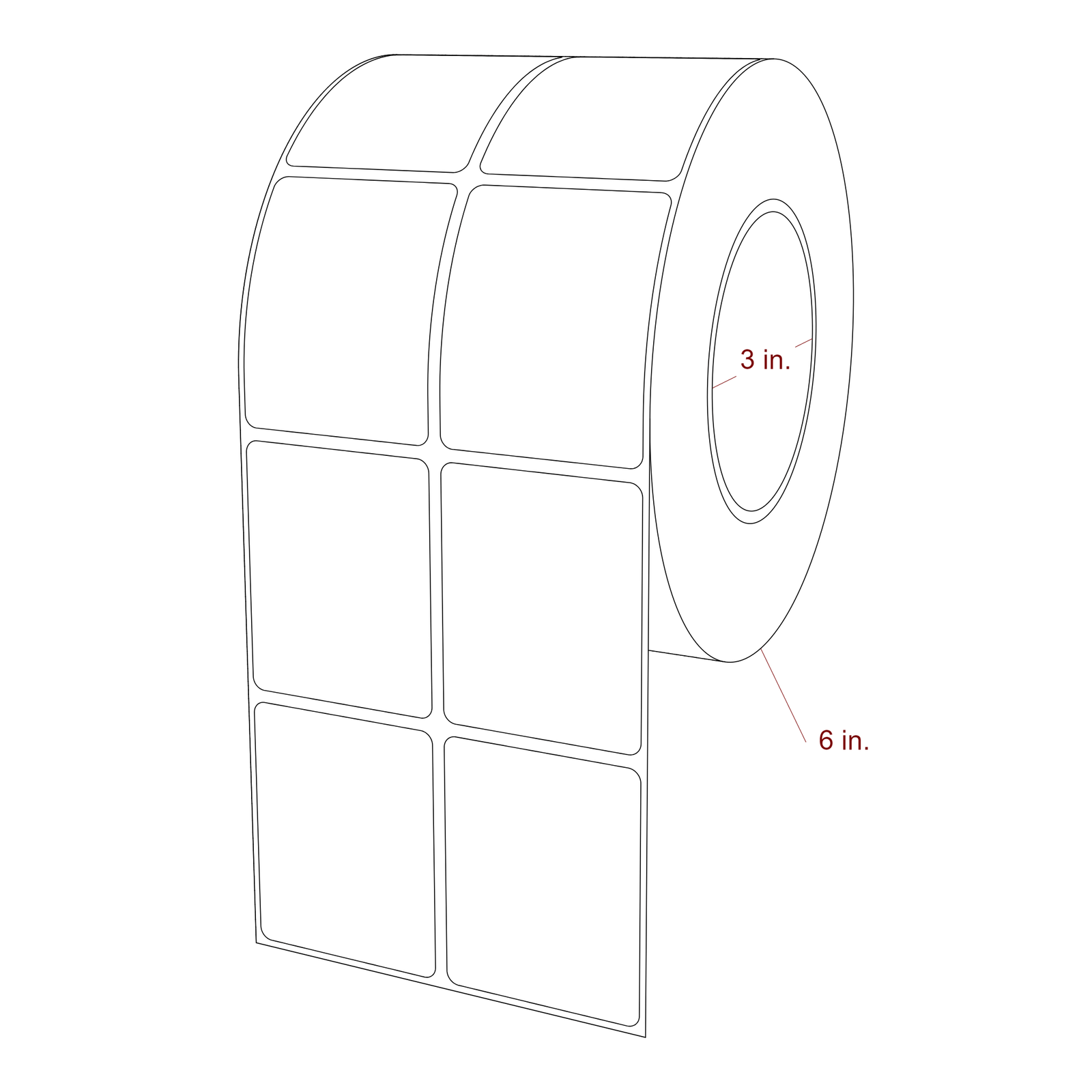 2 Inch x 2.5 Inch Rectangle Inkjet Label Roll - 3 Inch Core - 6 Inch Roll OD - 2Up - 3D Perspective