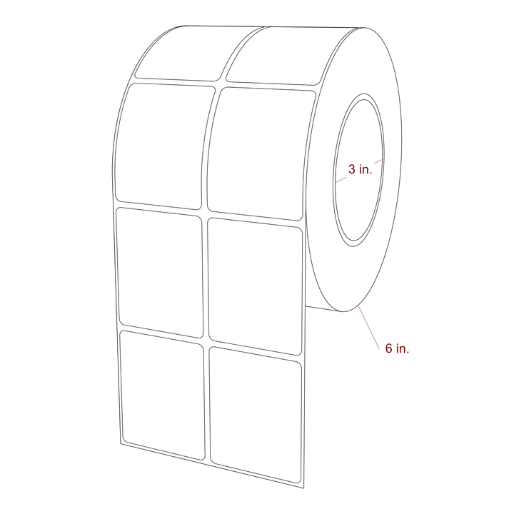2 Inch x 2.5 Inch Rectangle Inkjet Label Roll - 3 Inch Core - 6 Inch Roll OD - 2Up - 3D Perspective