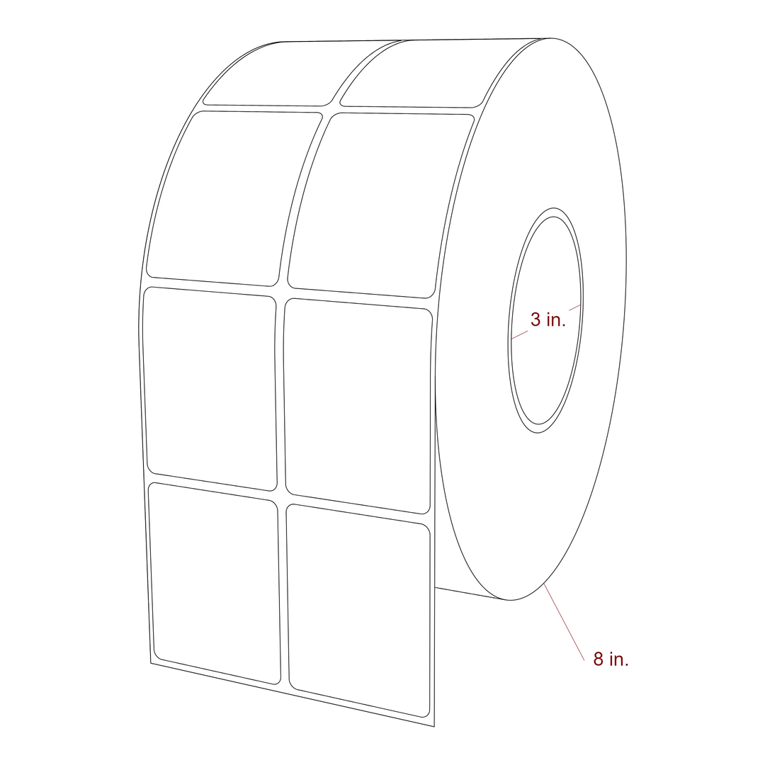 2 Inch x 2.5 Inch Rectangle Inkjet Label Roll - 3 Inch Core - 8 Inch Roll OD - 2Up - 3D Perspective