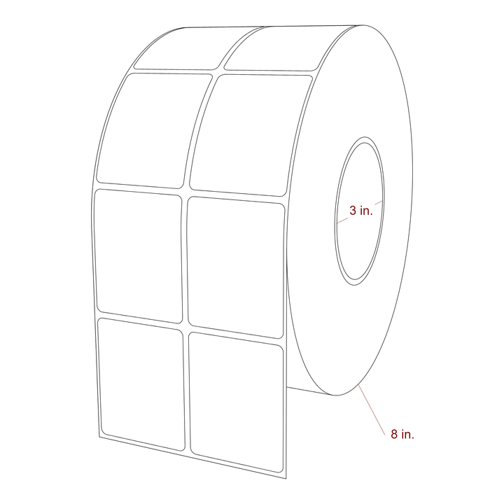 2 Inch x 2.5 Inch Rectangle Inkjet Label Roll - 3 Inch Core - 8 Inch Roll OD - 2Up - 3D Perspective
