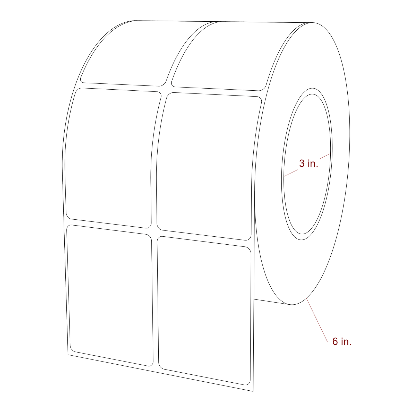 2 Inch x 2.75 Inch Rectangle Inkjet Label Roll - 3 Inch Core - 6 Inch Roll OD - 2Up - 3D Perspective