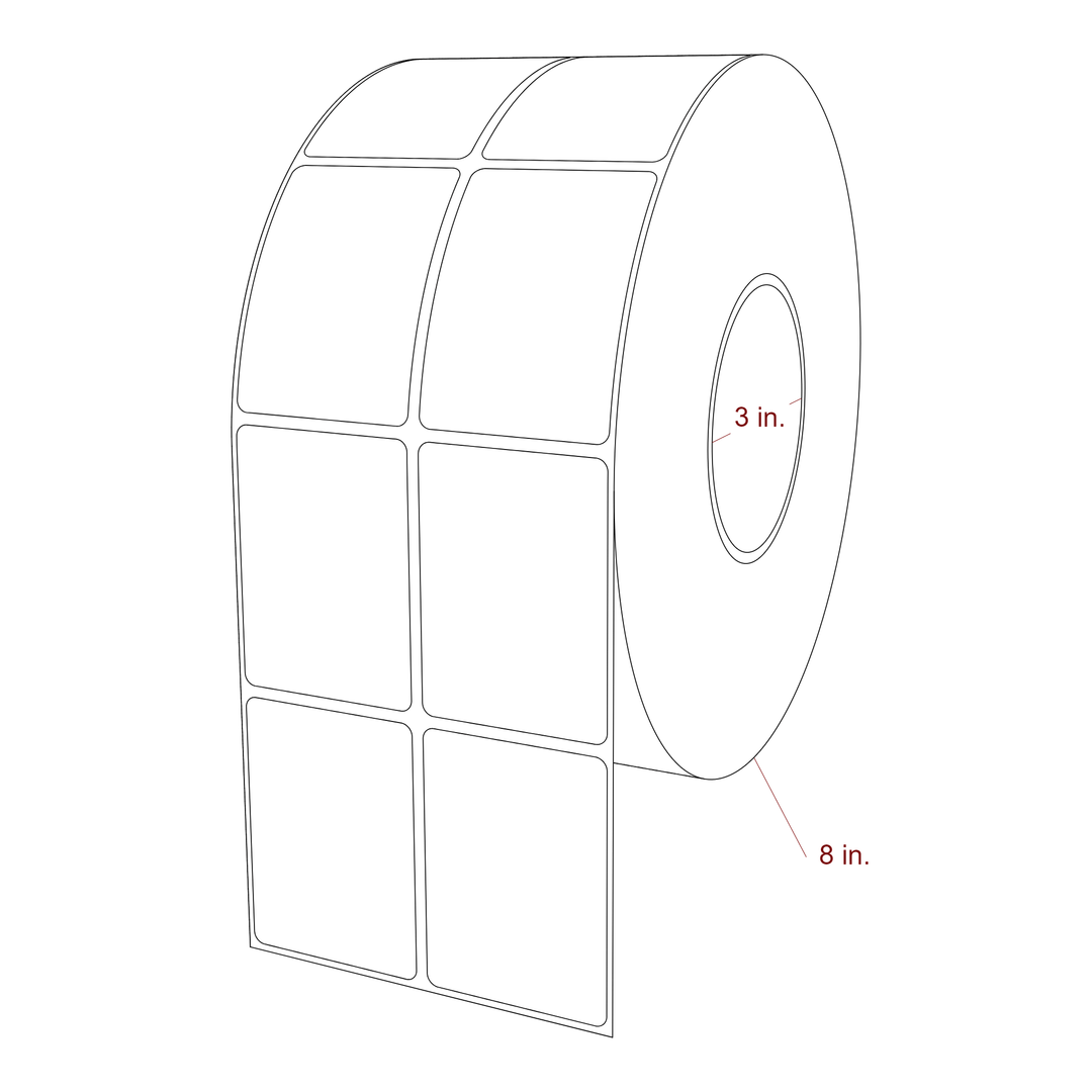 2 Inch x 2.75 Inch Rectangle Inkjet Label Roll - 3 Inch Core - 8 Inch Roll OD - 2Up - 3D Perspective