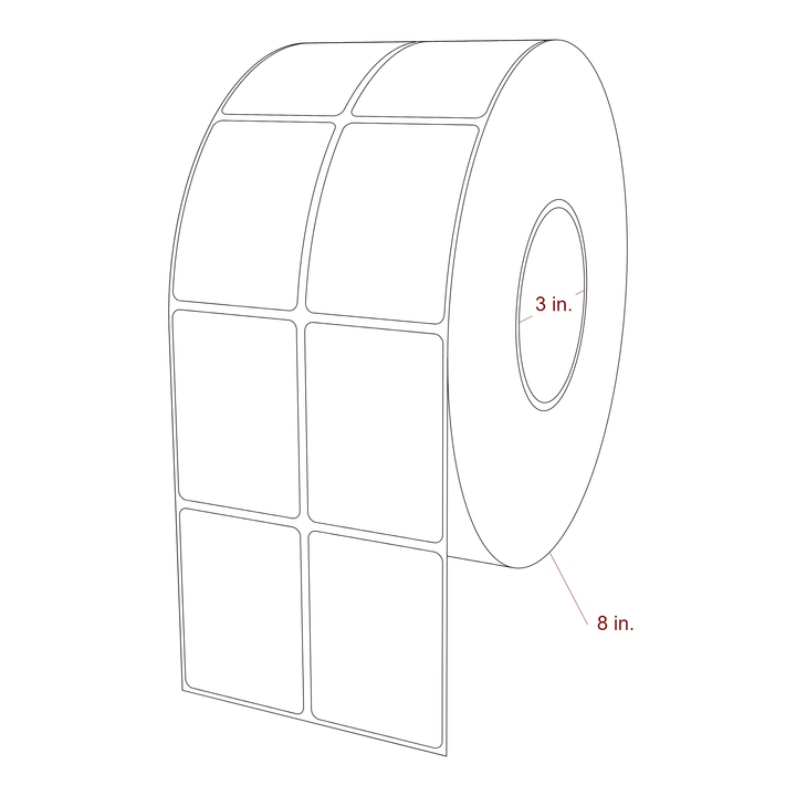 2 Inch x 2.75 Inch Rectangle Inkjet Label Roll - 3 Inch Core - 8 Inch Roll OD - 2Up - 3D Perspective