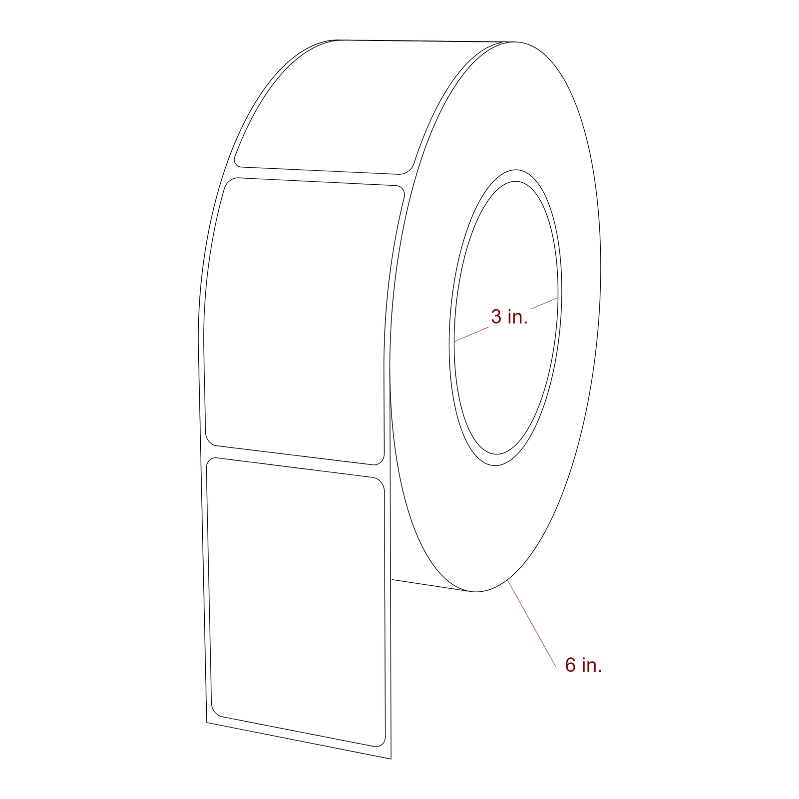 2 Inch x 2.75 Inch Rectangle Inkjet Label Roll - 3 Inch Core - 6 Inch Roll OD - 3D Perspective