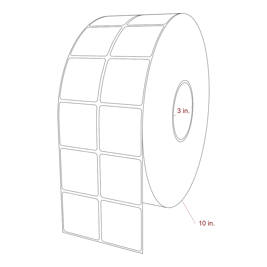 2 Inch x 2 Inch Rectangle Inkjet Label Roll - 3 Inch Core - 10 Inch Roll OD - 2Up - 3D Perspective