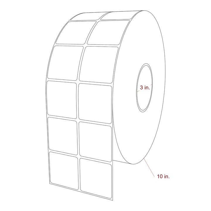 2 Inch x 2 Inch Rectangle Inkjet Label Roll - 3 Inch Core - 10 Inch Roll OD - 2Up - 3D Perspective
