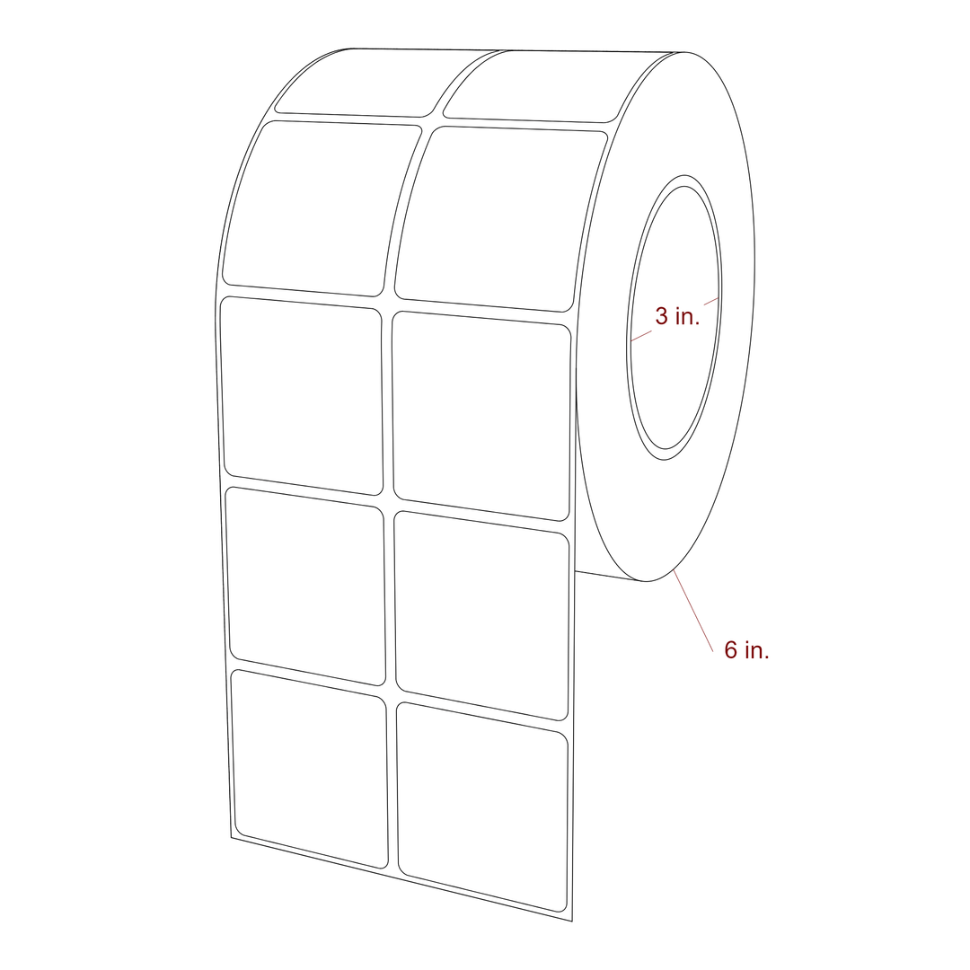 2 Inch x 2 Inch Rectangle Inkjet Label Roll - 3 Inch Core - 6 Inch Roll OD - 2Up - 3D Perspective