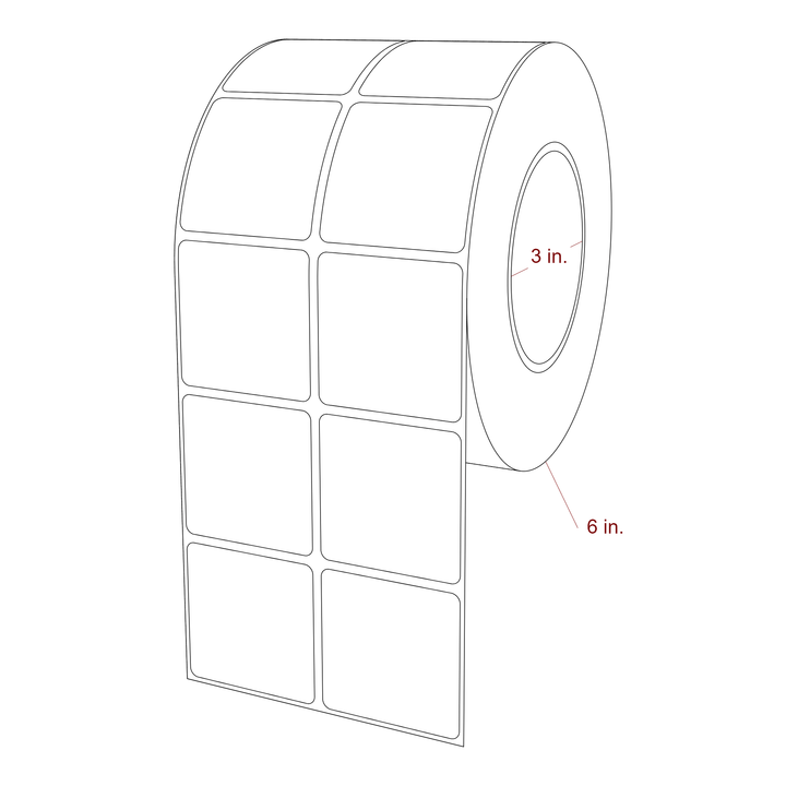 2 Inch x 2 Inch Rectangle Inkjet Label Roll - 3 Inch Core - 6 Inch Roll OD - 2Up - 3D Perspective