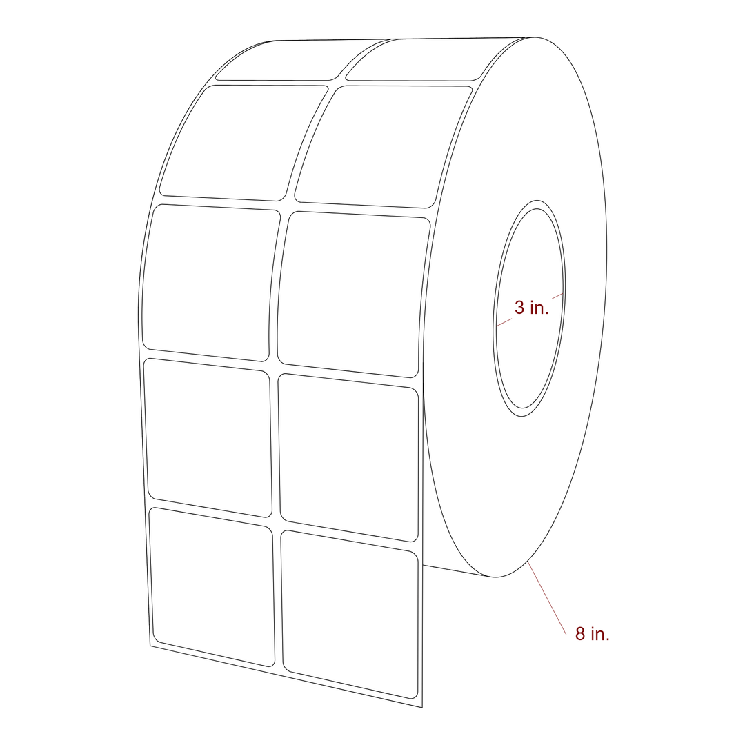 2 Inch x 2 Inch Rectangle Inkjet Label Roll - 3 Inch Core - 8 Inch Roll OD - 2Up - 3D Perspective
