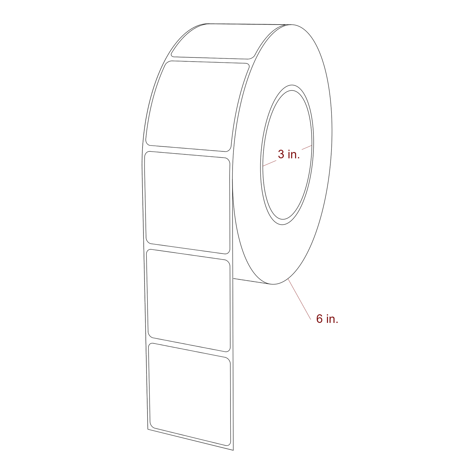2 Inch x 2 Inch Rectangle Inkjet Label Roll - 3 Inch Core - 6 Inch Roll OD - 3D Perspective