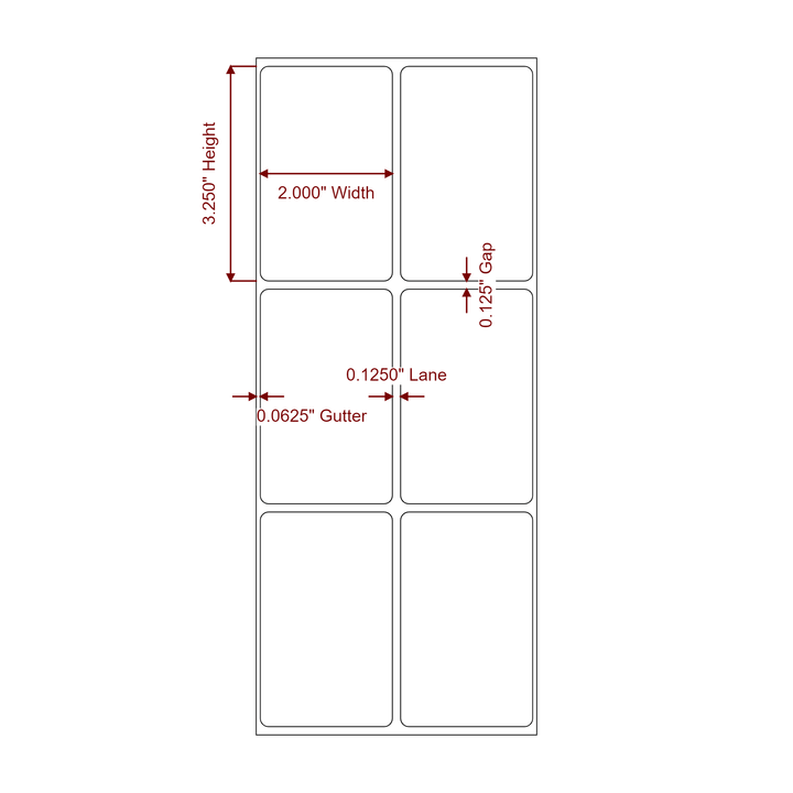 2 Inch x 3.25 Inch Rectangle Inkjet Label Roll - 2Up - 2D Drawing