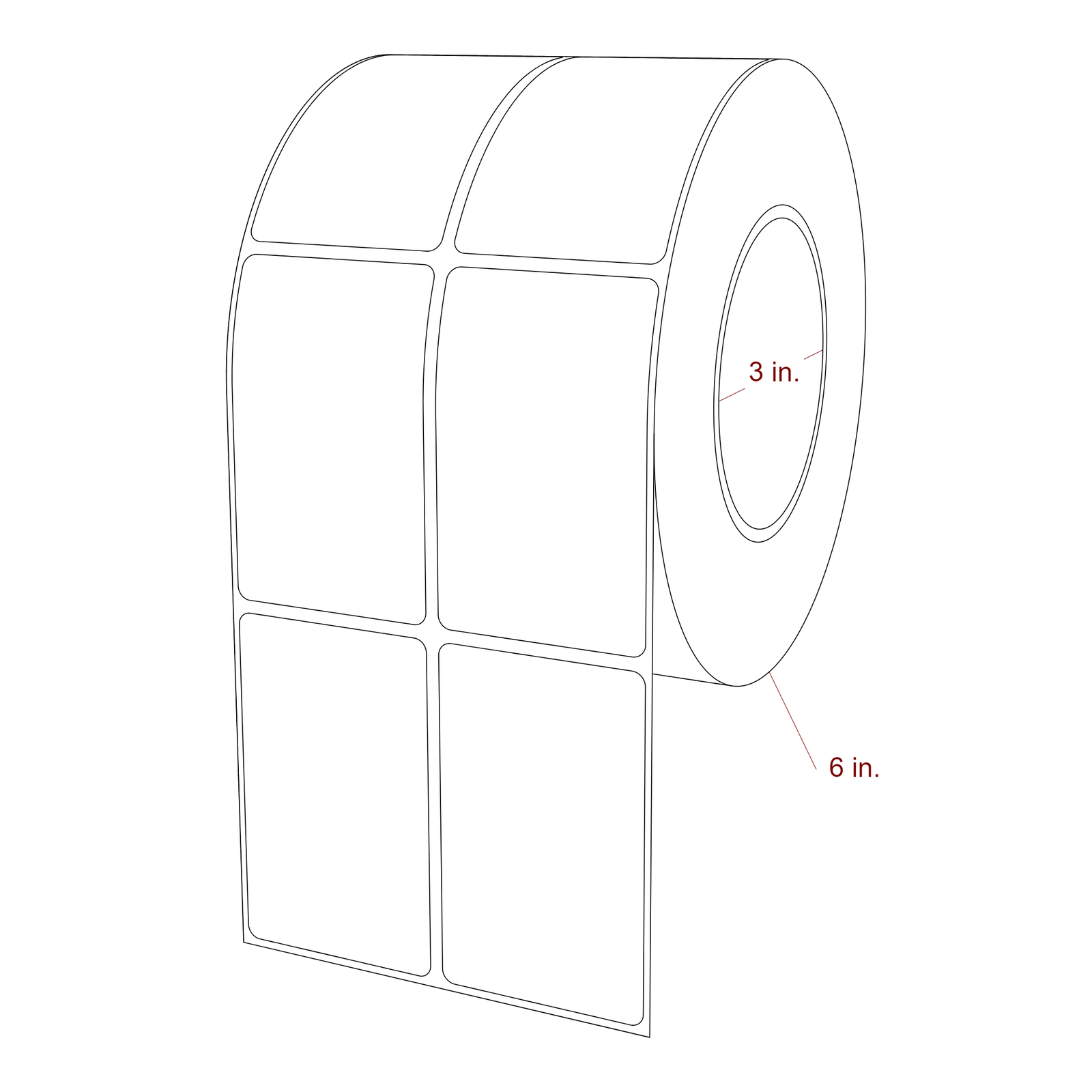 2 Inch x 3.25 Inch Rectangle Inkjet Label Roll - 3 Inch Core - 6 Inch Roll OD - 2Up - 3D Perspective