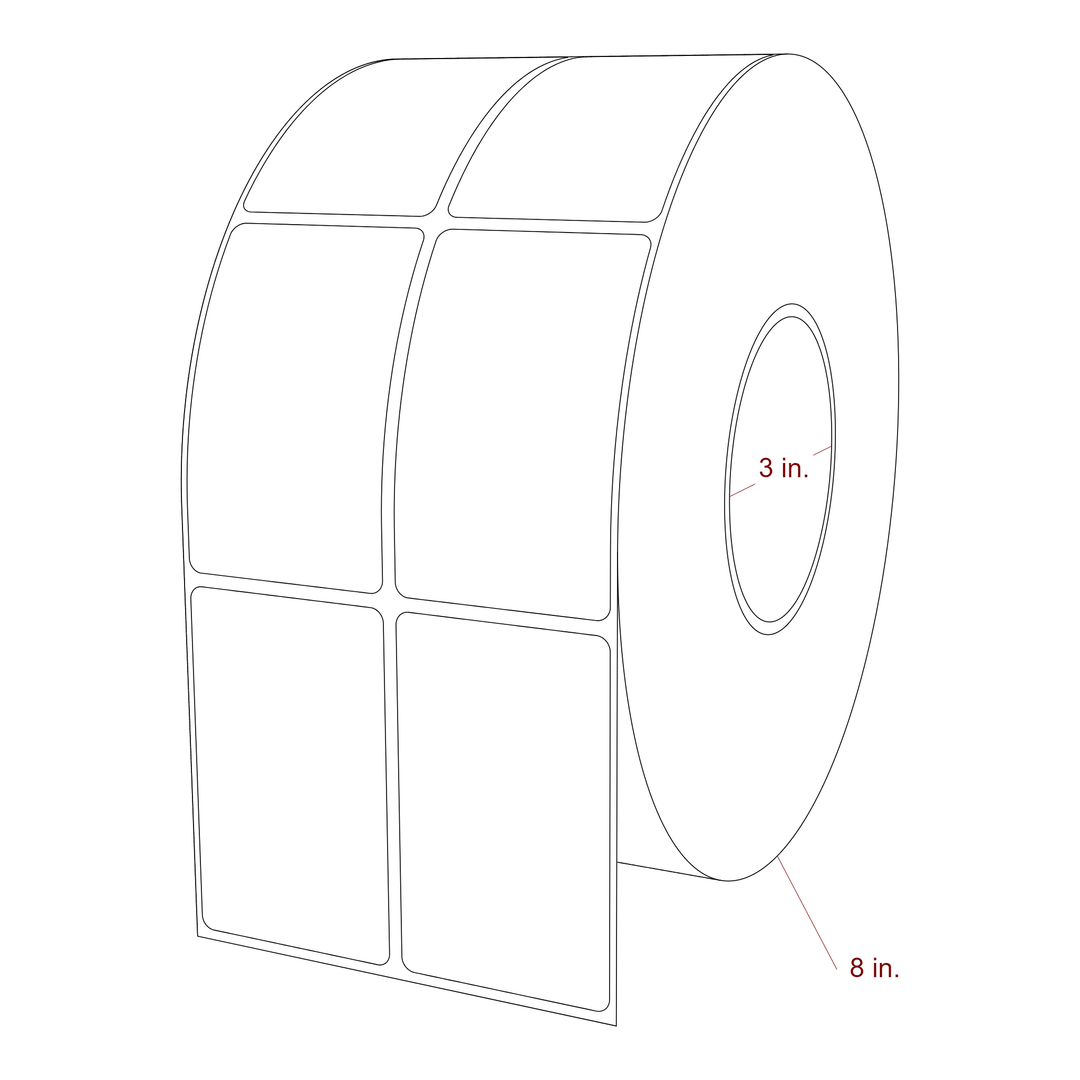 2 Inch x 3.25 Inch Rectangle Inkjet Label Roll - 3 Inch Core - 8 Inch Roll OD - 2Up - 3D Perspective