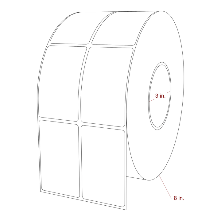 2 Inch x 3.25 Inch Rectangle Inkjet Label Roll - 3 Inch Core - 8 Inch Roll OD - 2Up - 3D Perspective