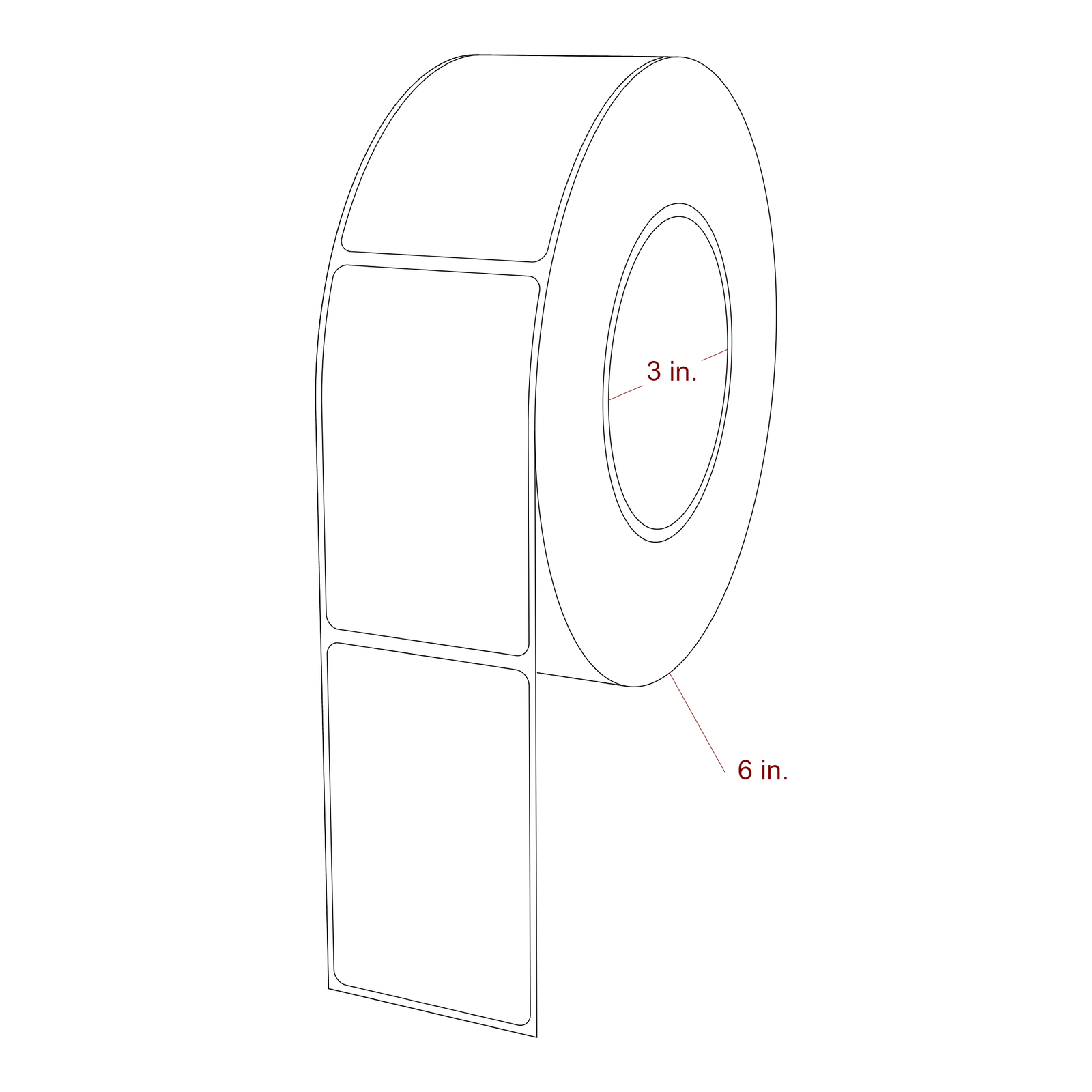 2 Inch x 3.25 Inch Rectangle Inkjet Label Roll - 3 Inch Core - 6 Inch Roll OD - 3D Perspective