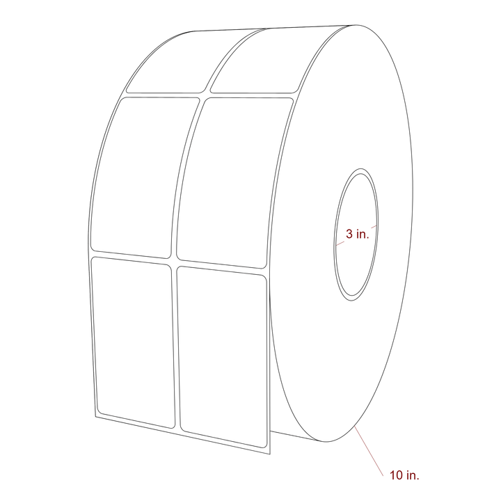 2 Inch x 3.5 Inch Rectangle Inkjet Label Roll - 3 Inch Core - 10 Inch Roll OD - 2Up - 3D Perspective
