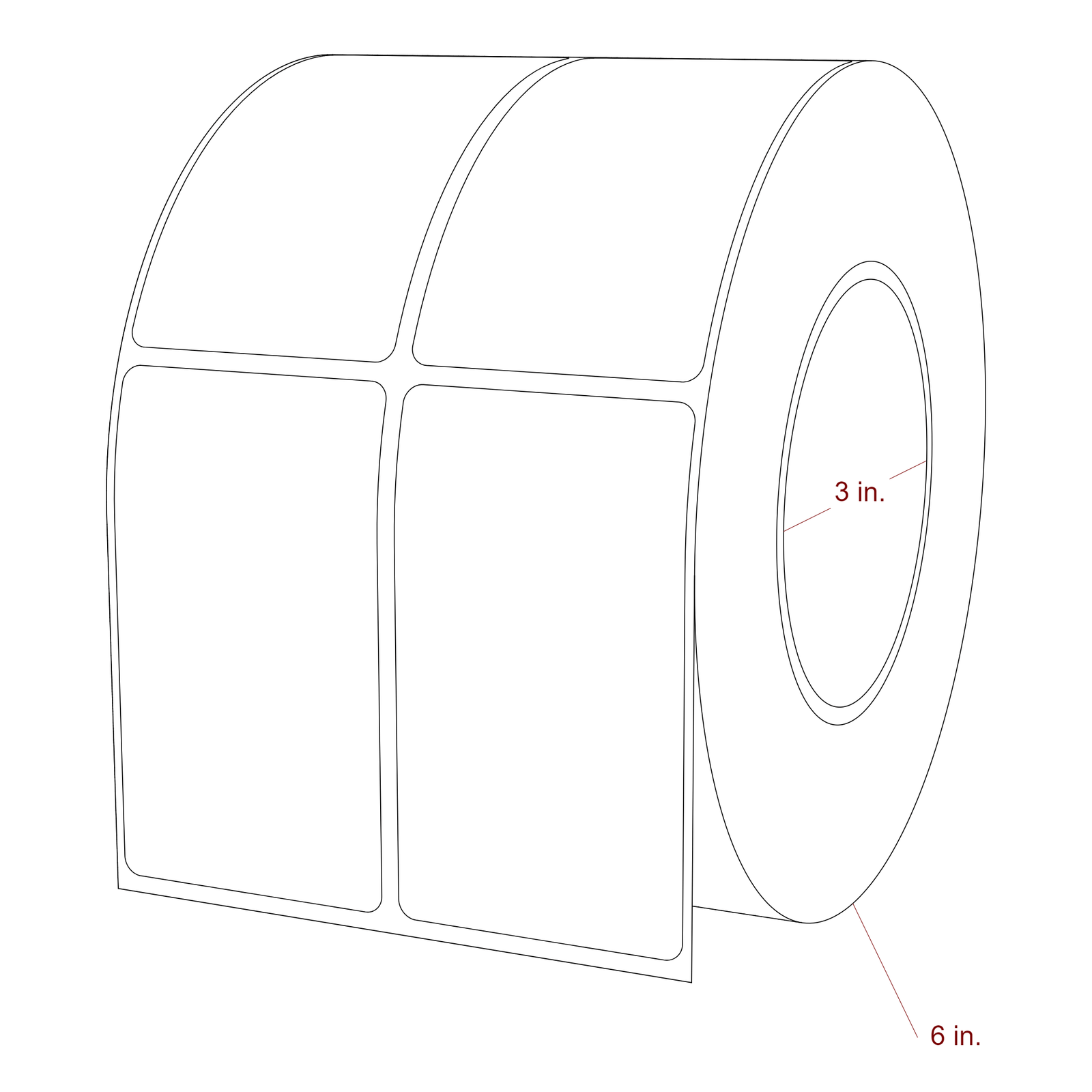 2 Inch x 3.5 Inch Rectangle Inkjet Label Roll - 3 Inch Core - 6 Inch Roll OD - 2Up - 3D Perspective