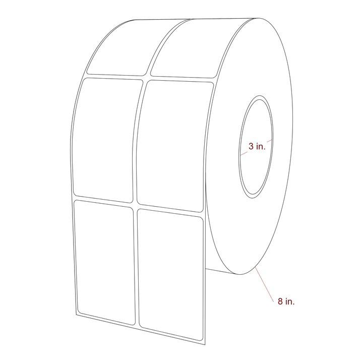 2 Inch x 3.5 Inch Rectangle Inkjet Label Roll - 3 Inch Core - 8 Inch Roll OD - 2Up - 3D Perspective