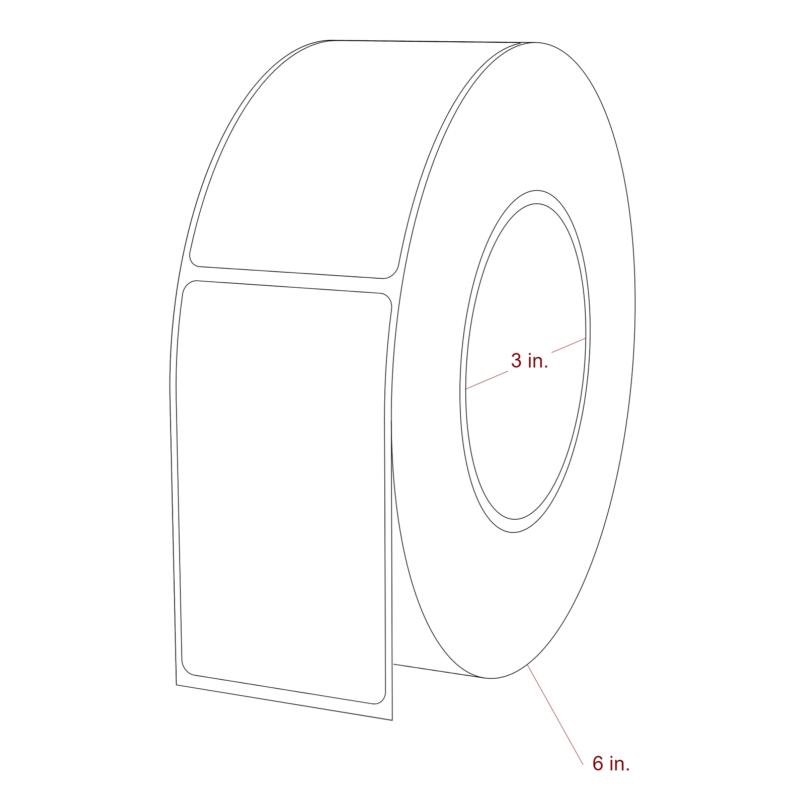 2 Inch x 3.5 Inch Rectangle Inkjet Label Roll - 3 Inch Core - 6 Inch Roll OD - 3D Perspective