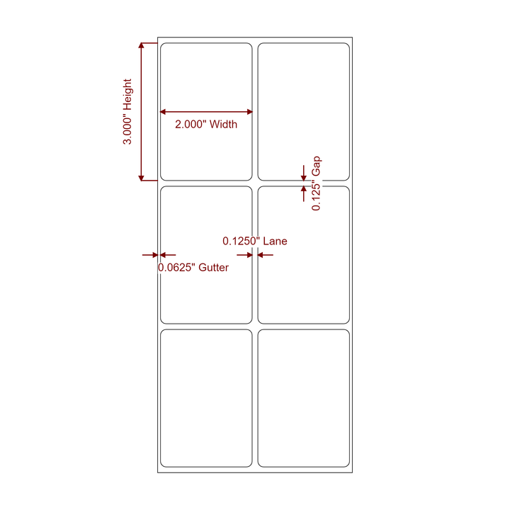 2 Inch x 3 Inch Rectangle Inkjet Label Roll - 2Up - 2D Drawing