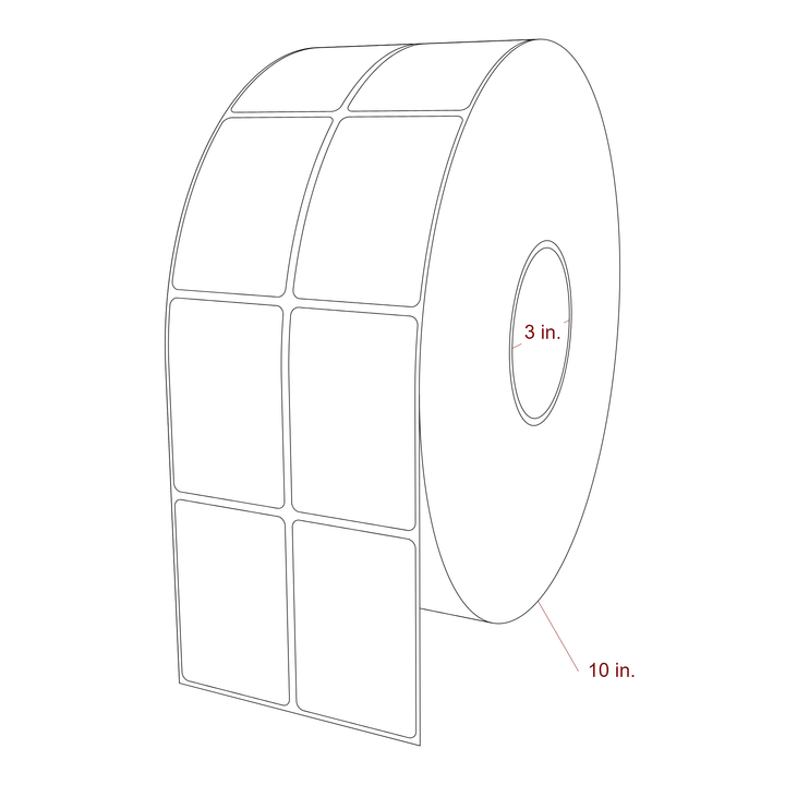2 Inch x 3 Inch Rectangle Inkjet Label Roll - 3 Inch Core - 10 Inch Roll OD - 2Up - 3D Perspective