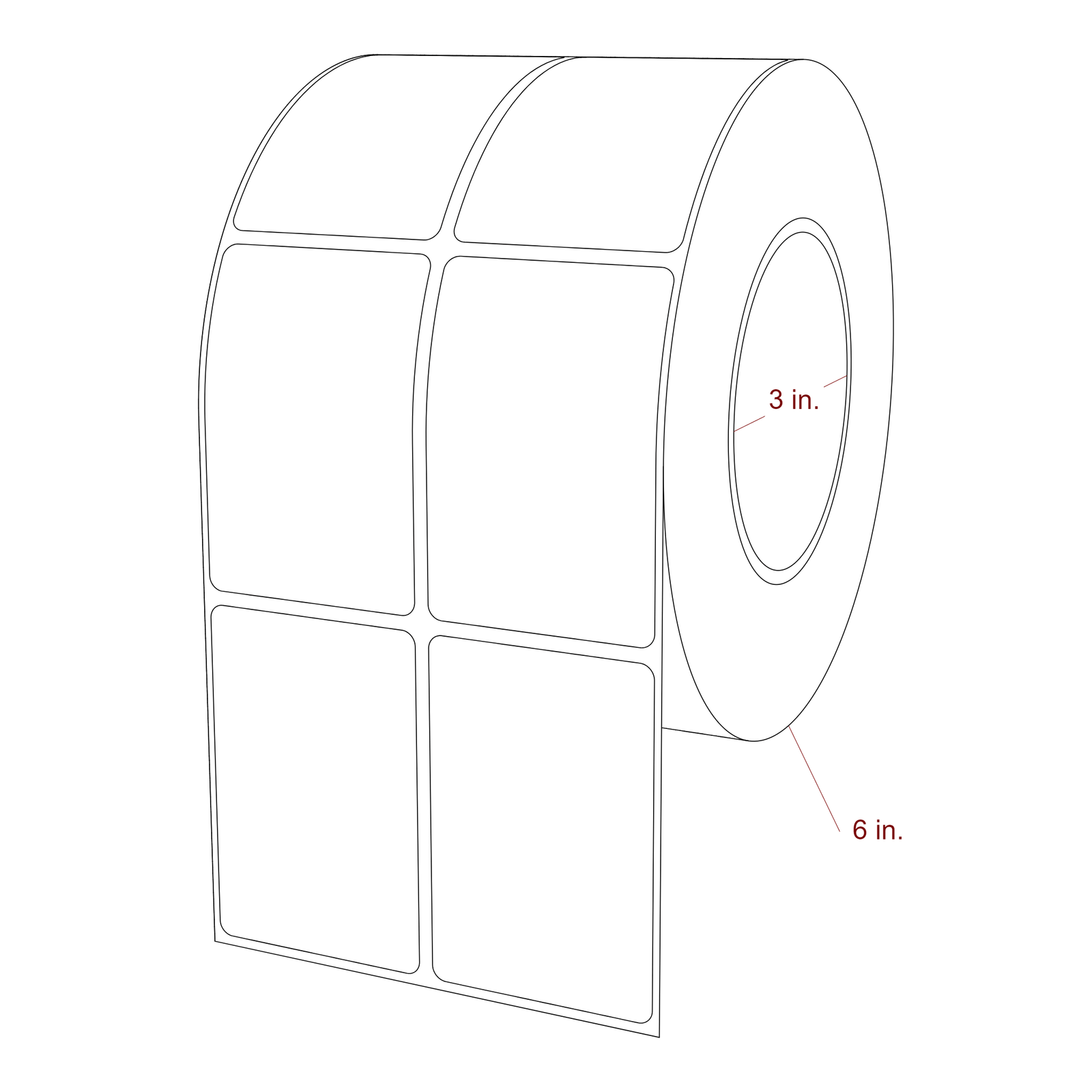 2 Inch x 3 Inch Rectangle Inkjet Label Roll - 3 Inch Core - 6 Inch Roll OD - 2Up - 3D Perspective