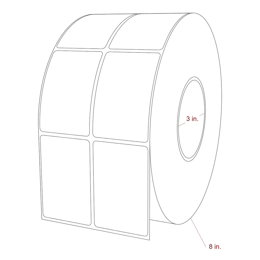 2 Inch x 3 Inch Rectangle Inkjet Label Roll - 3 Inch Core - 8 Inch Roll OD - 2Up - 3D Perspective