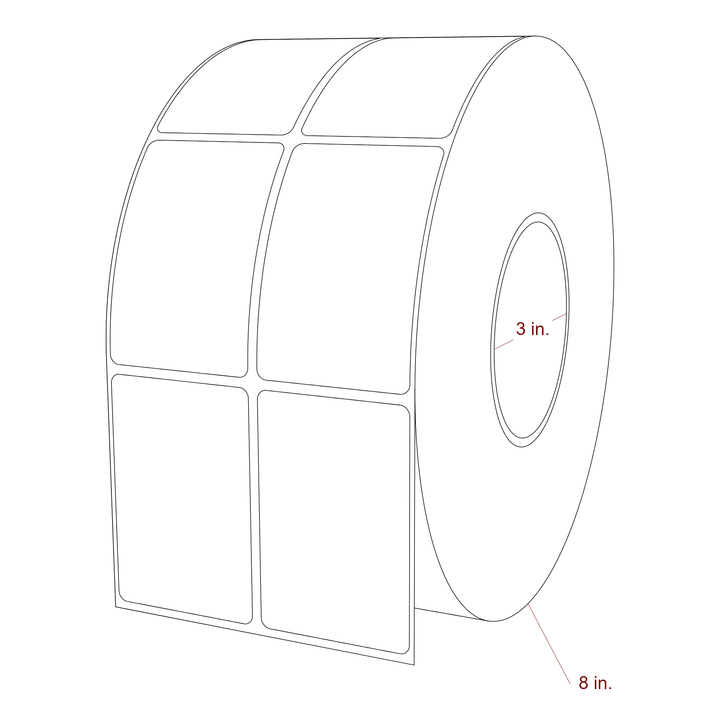 2 Inch x 3 Inch Rectangle Inkjet Label Roll - 3 Inch Core - 8 Inch Roll OD - 2Up - 3D Perspective