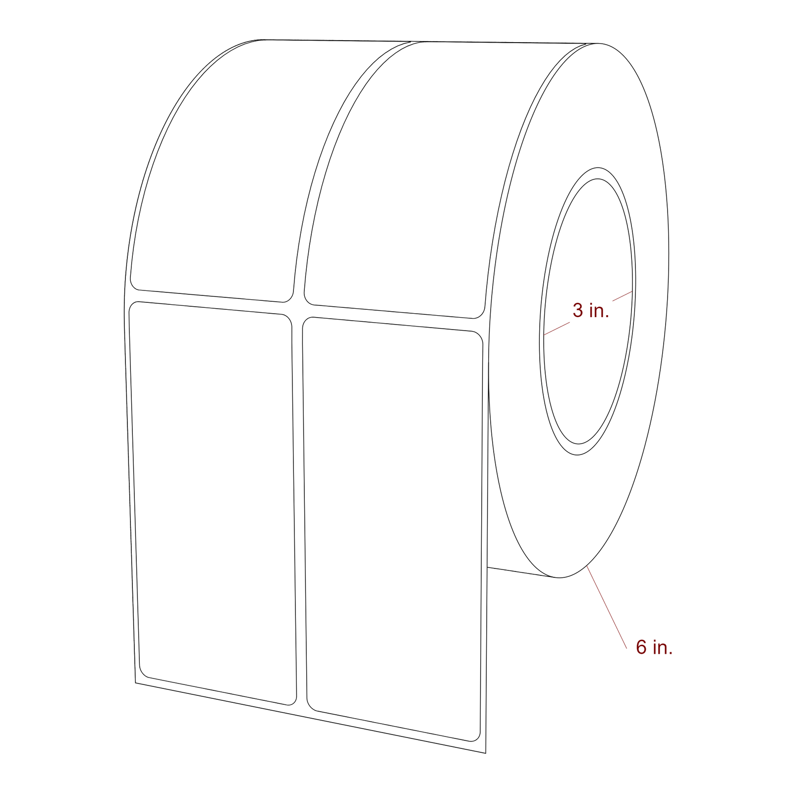 2 Inch x 4.25 Inch Rectangle Inkjet Label Roll - 3 Inch Core - 6 Inch Roll OD - 2Up - 3D Perspective
