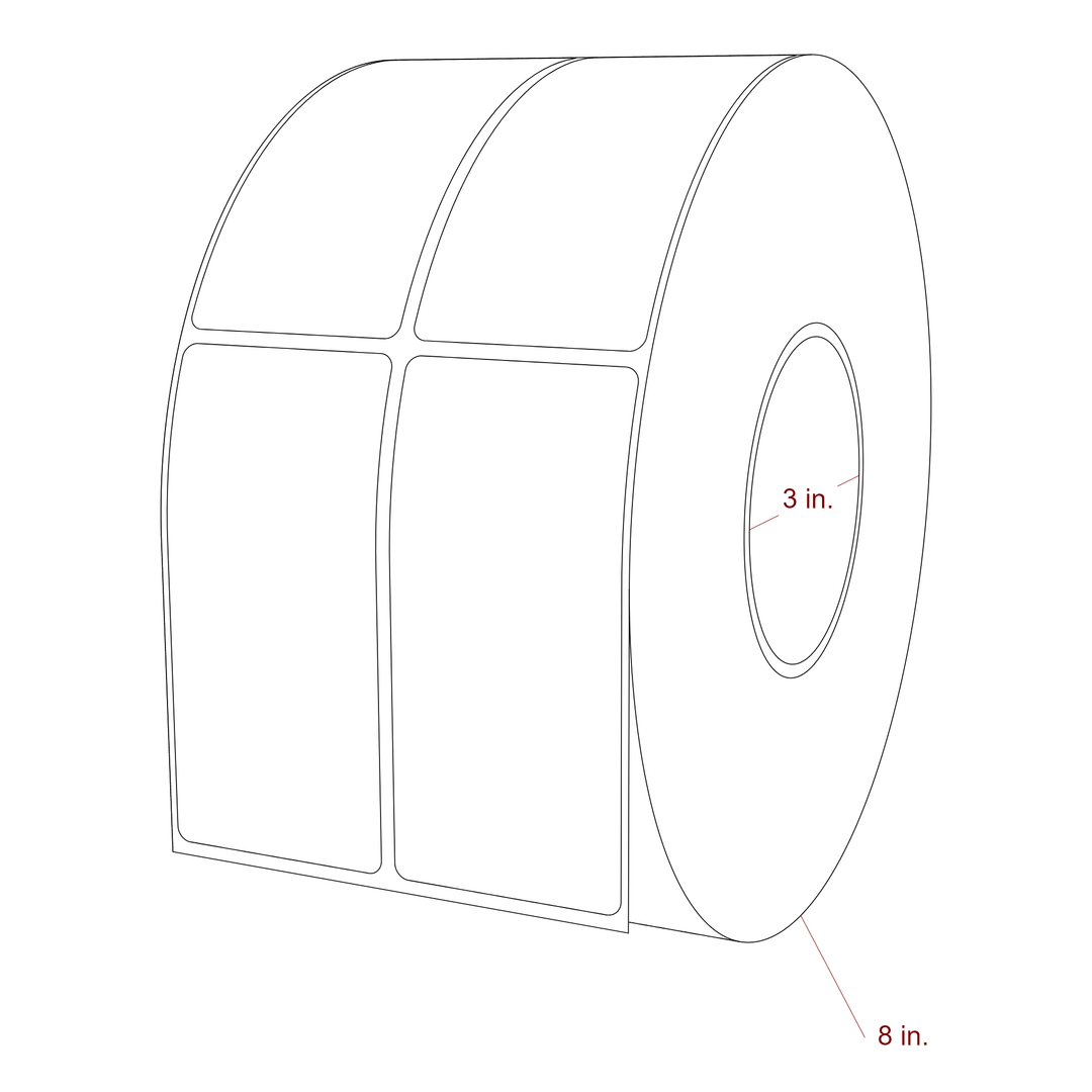 2 Inch x 4.25 Inch Rectangle Inkjet Label Roll - 3 Inch Core - 8 Inch Roll OD - 2Up - 3D Perspective