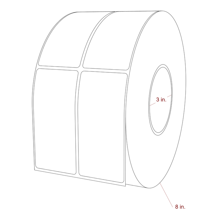 2 Inch x 4.25 Inch Rectangle Inkjet Label Roll - 3 Inch Core - 8 Inch Roll OD - 2Up - 3D Perspective