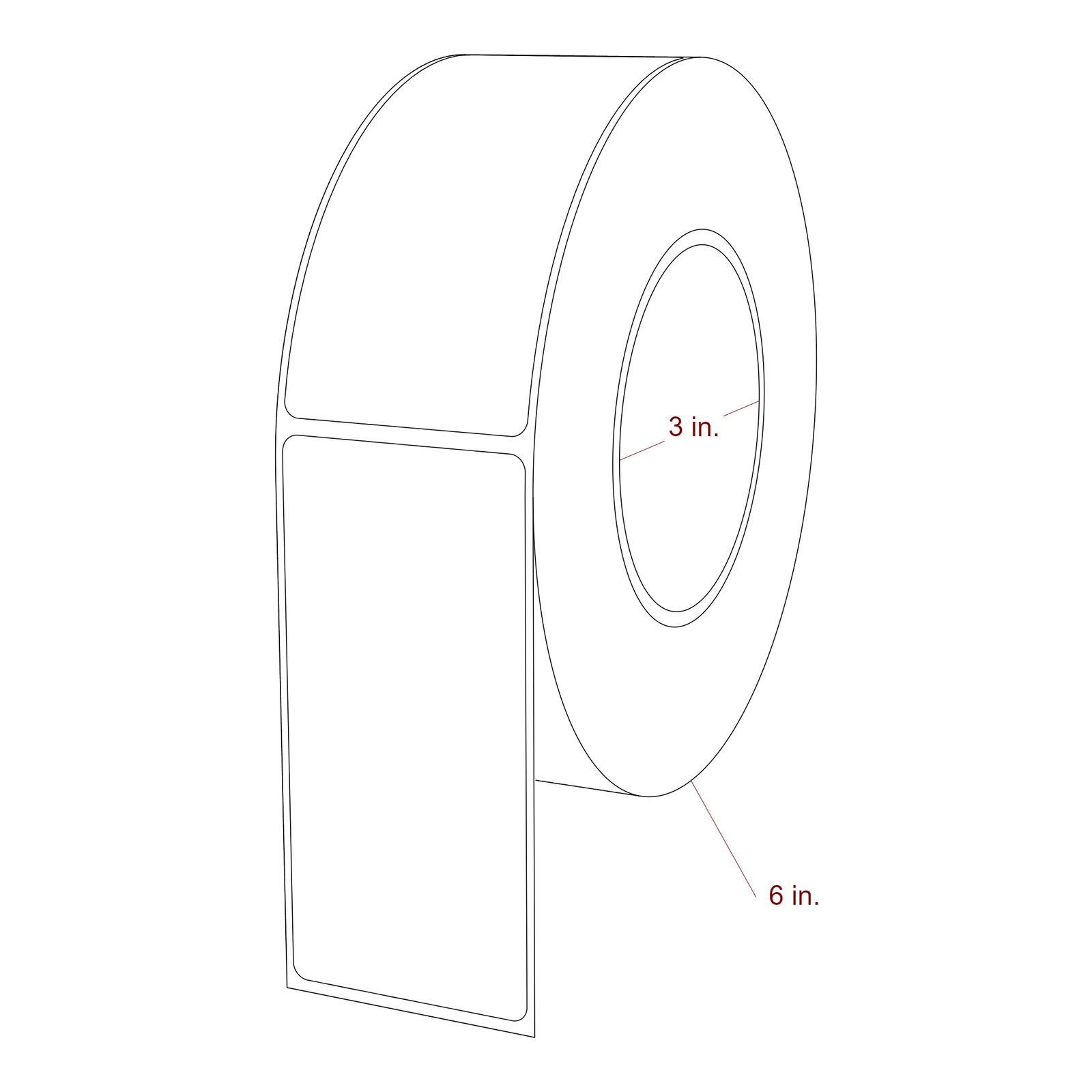 2 Inch x 4.25 Inch Rectangle Inkjet Label Roll - 3 Inch Core - 6 Inch Roll OD - 3D Perspective