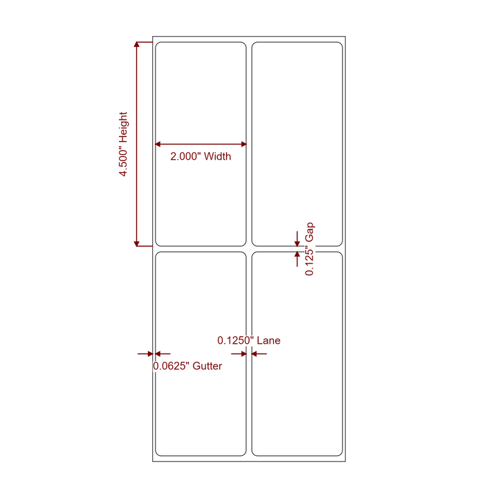 2 Inch x 4.5 Inch Rectangle Inkjet Label Roll - 2Up - 2D Drawing