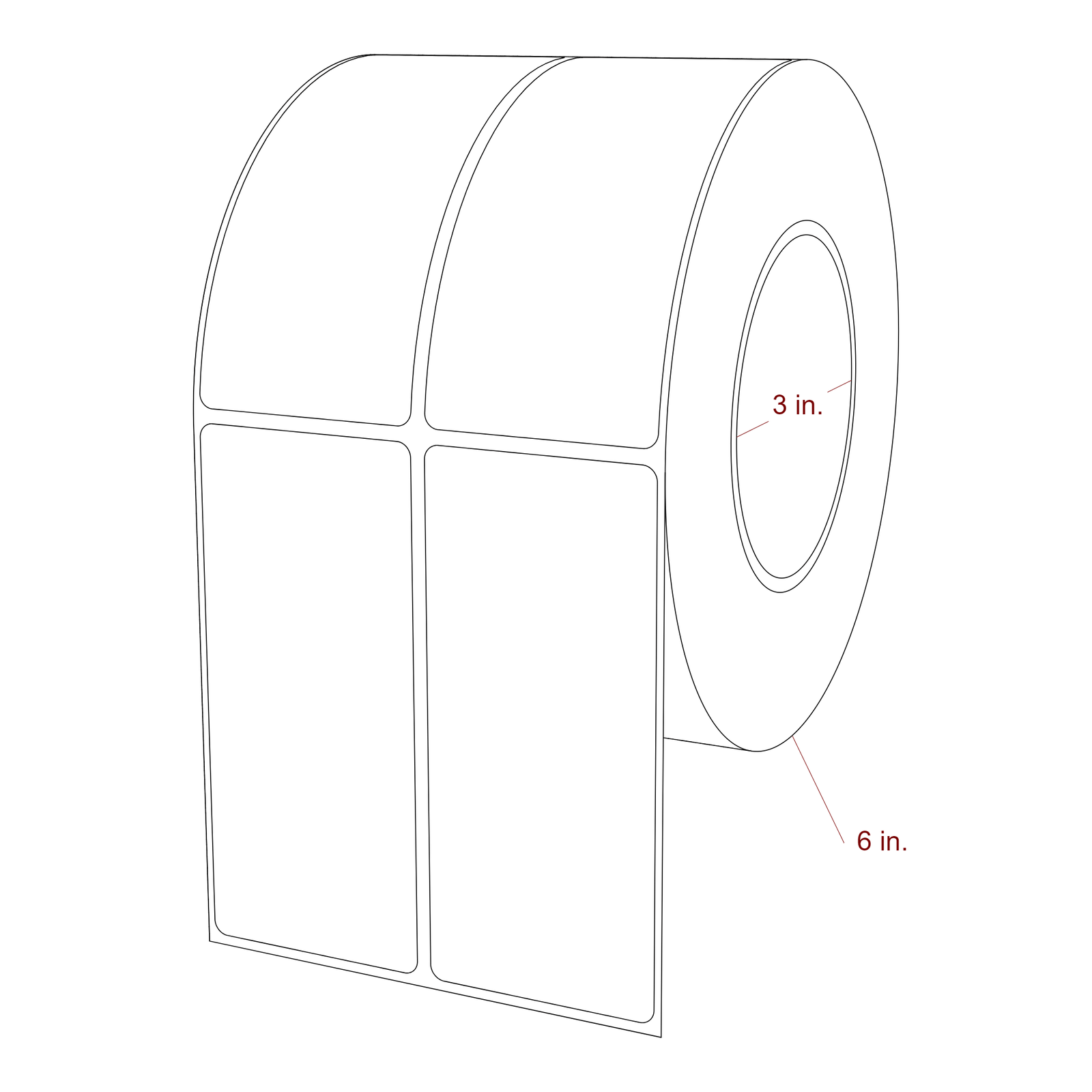 2 Inch x 4.5 Inch Rectangle Inkjet Label Roll - 3 Inch Core - 6 Inch Roll OD - 2Up - 3D Perspective