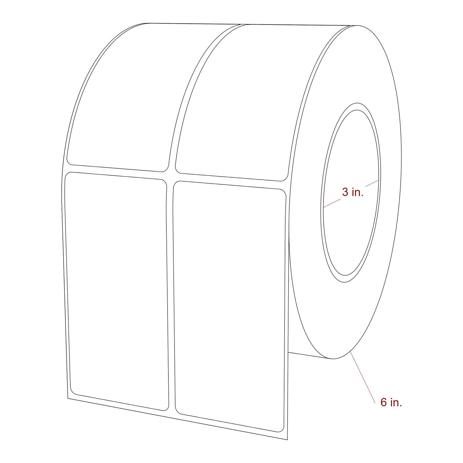 2 Inch x 4 Inch Rectangle Inkjet Label Roll - 3 Inch Core - 6 Inch Roll OD - 2Up - 3D Perspective
