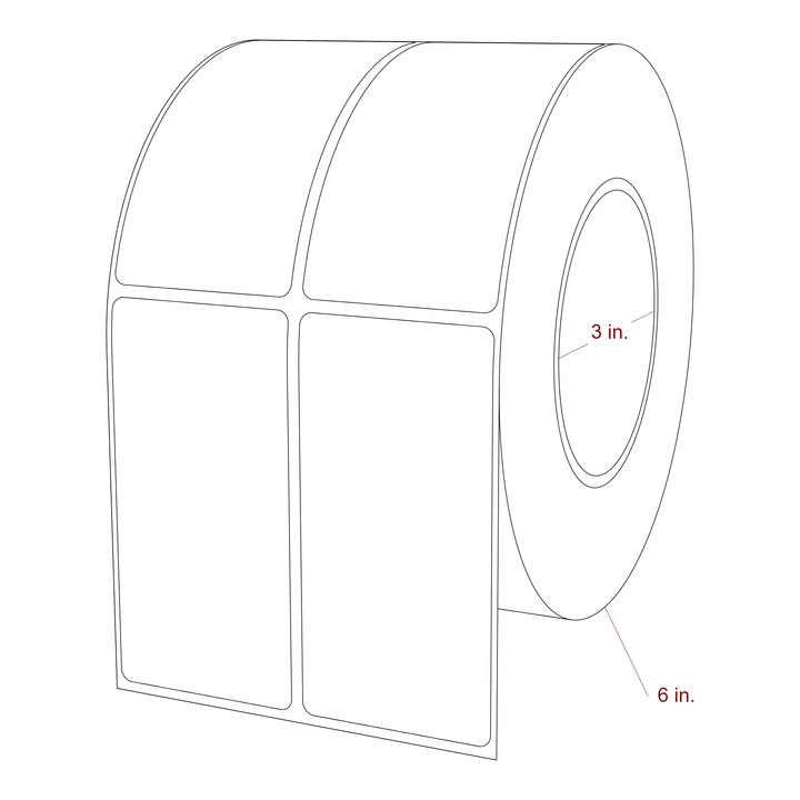 2 Inch x 4 Inch Rectangle Inkjet Label Roll - 3 Inch Core - 6 Inch Roll OD - 2Up - 3D Perspective