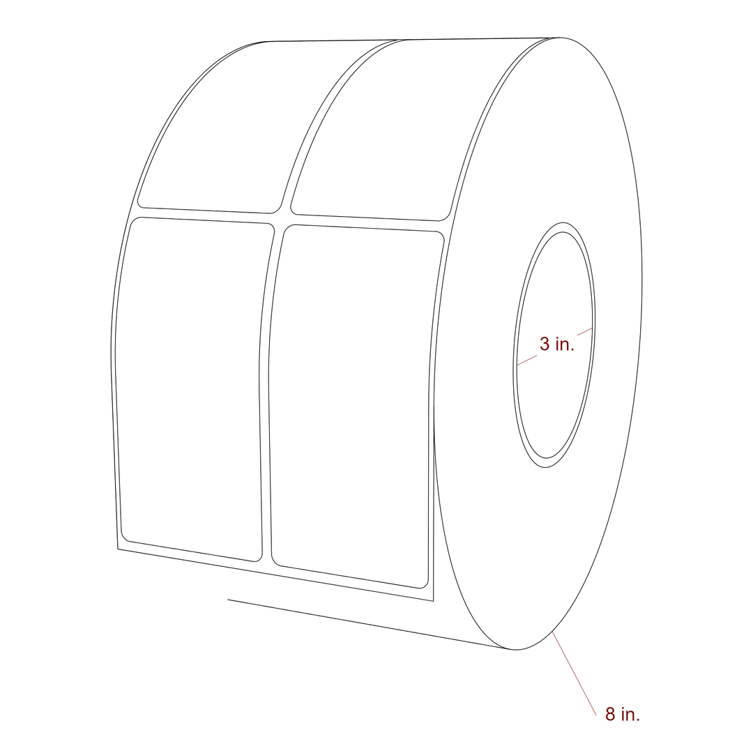 2 Inch x 4 Inch Rectangle Inkjet Label Roll - 3 Inch Core - 8 Inch Roll OD - 2Up - 3D Perspective
