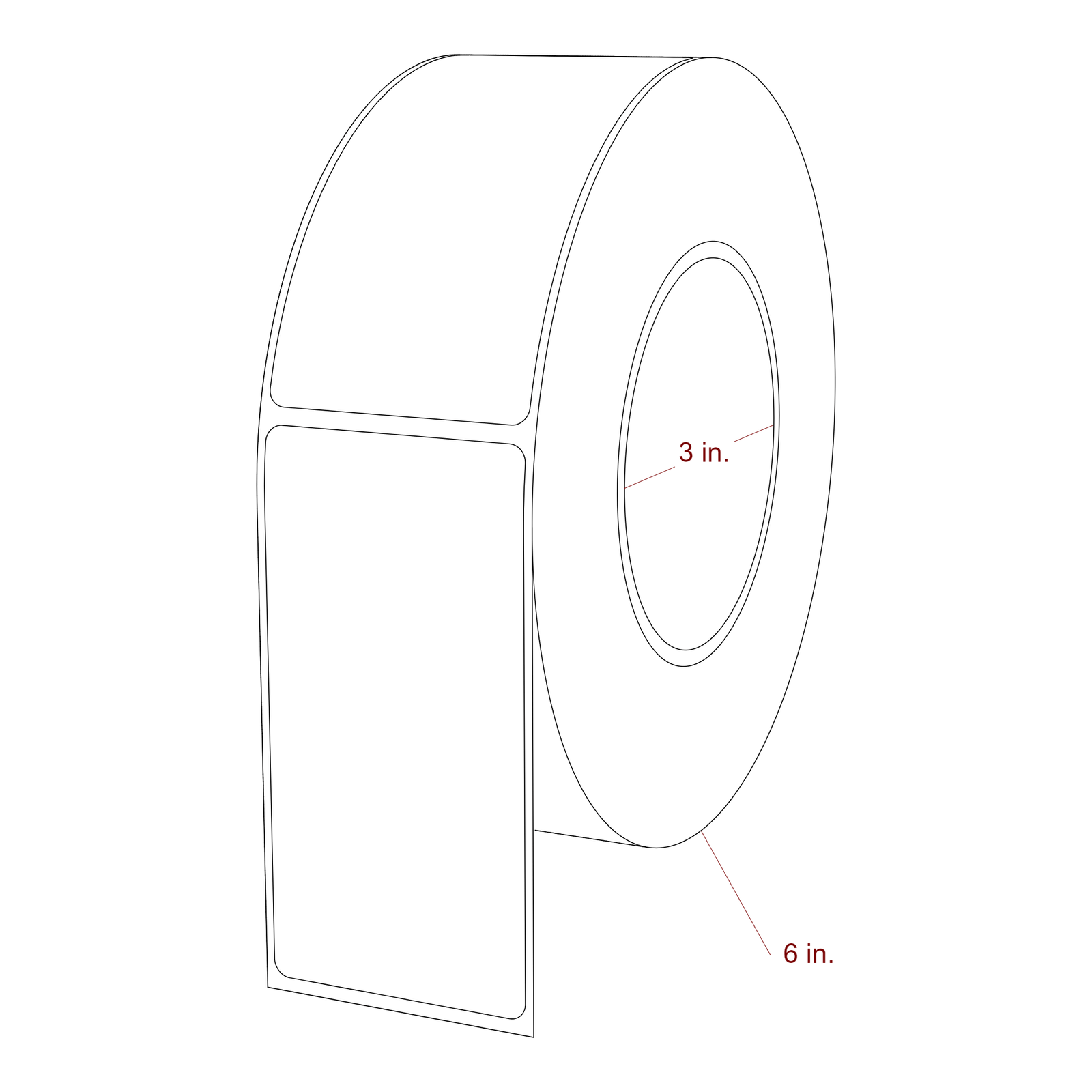 2 Inch x 4 Inch Rectangle Inkjet Label Roll - 3 Inch Core - 6 Inch Roll OD - 3D Perspective