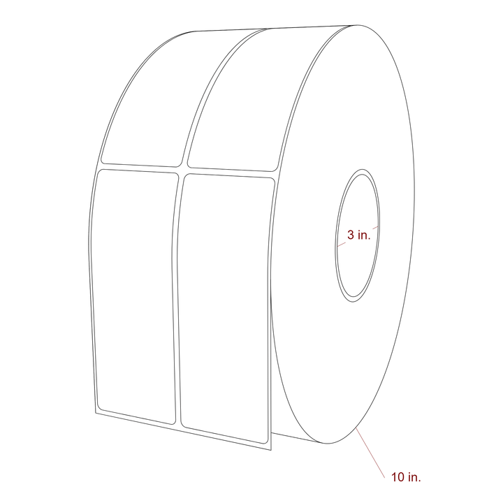 2 Inch x 5.25 Inch Rectangle Inkjet Label Roll - 3 Inch Core - 10 Inch Roll OD - 2Up - 3D Perspective