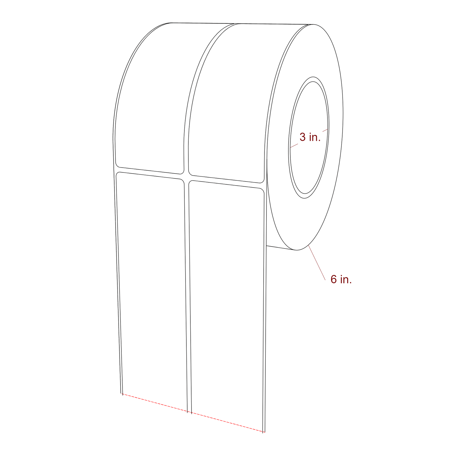 2 Inch x 5.25 Inch Rectangle Inkjet Label Roll - 3 Inch Core - 6 Inch Roll OD - 2Up - 3D Perspective