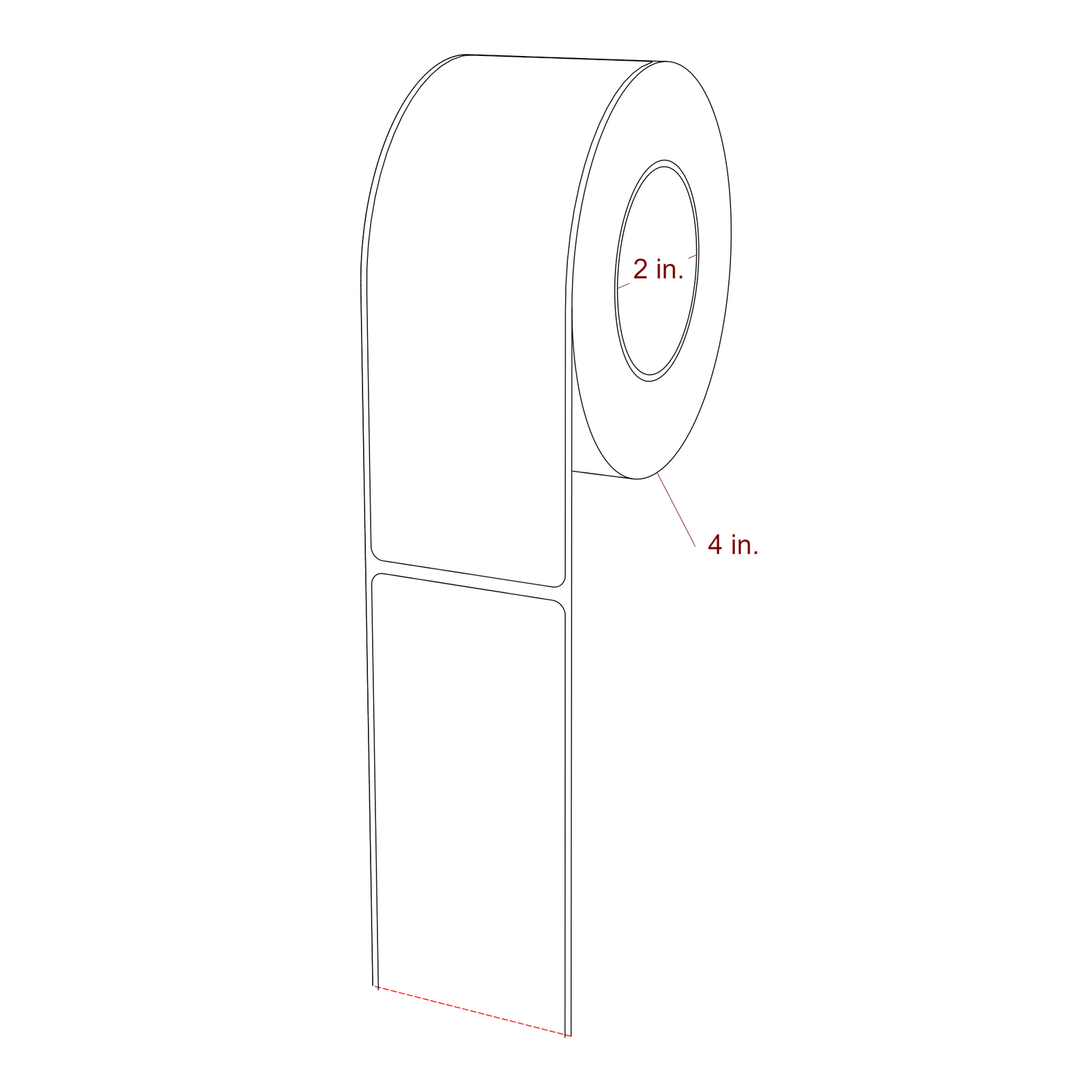 2 Inch x 5.75 Inch Rectangle Inkjet Label Roll - 2 Inch Core - 4 Inch Roll OD - 3D Perspective
