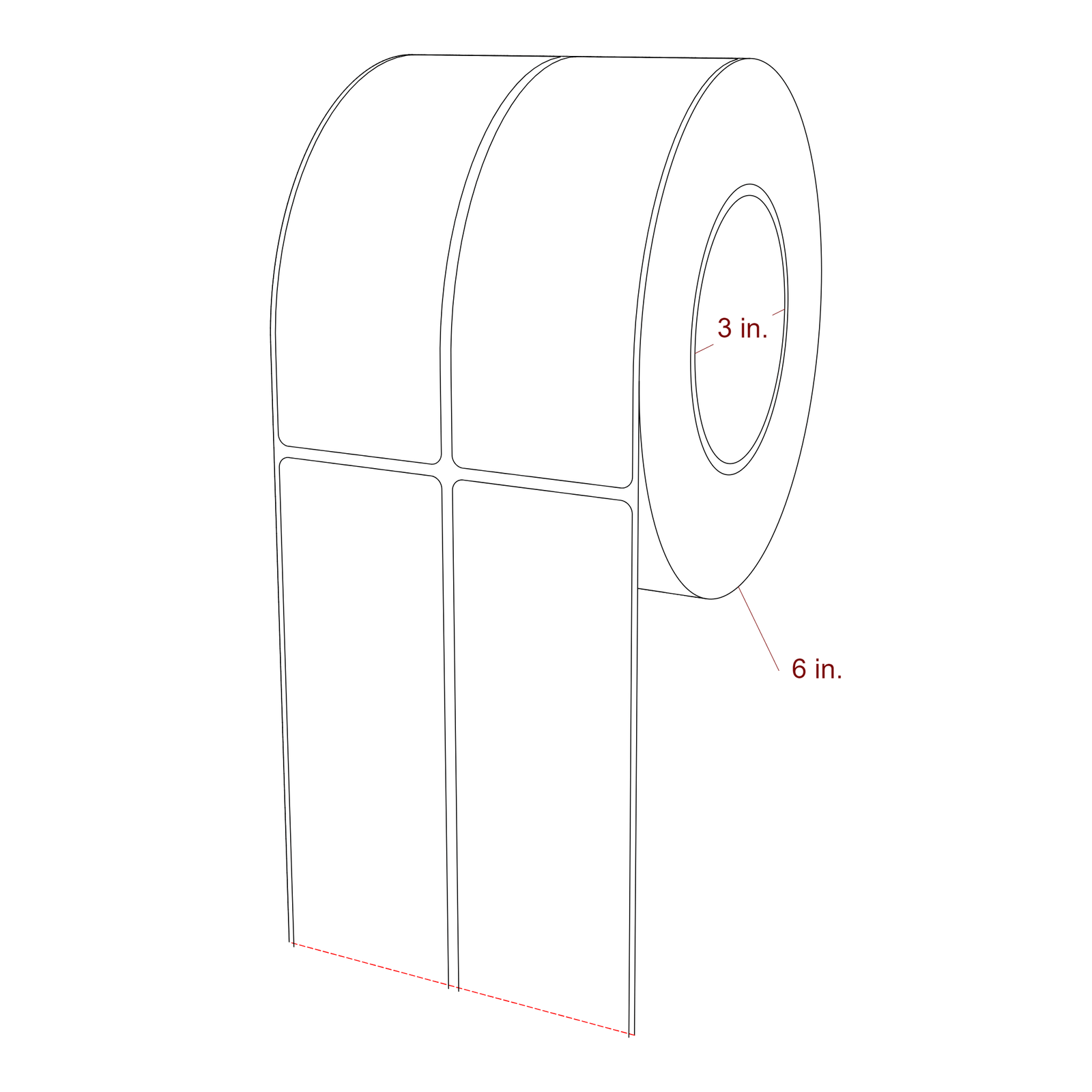 2 Inch x 5.75 Inch Rectangle Inkjet Label Roll - 3 Inch Core - 6 Inch Roll OD - 2Up - 3D Perspective