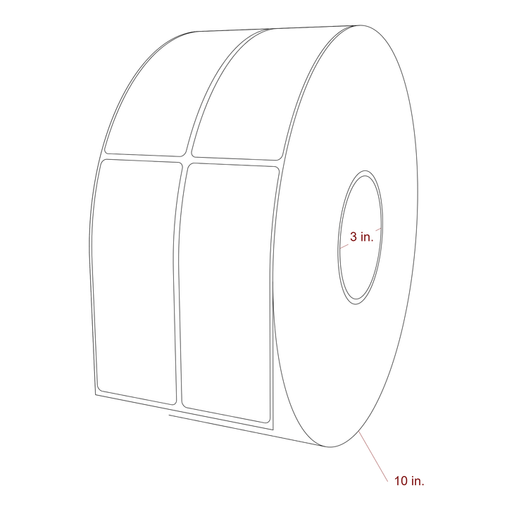 2 Inch x 5 Inch Rectangle Inkjet Label Roll - 3 Inch Core - 10 Inch Roll OD - 2Up - 3D Perspective