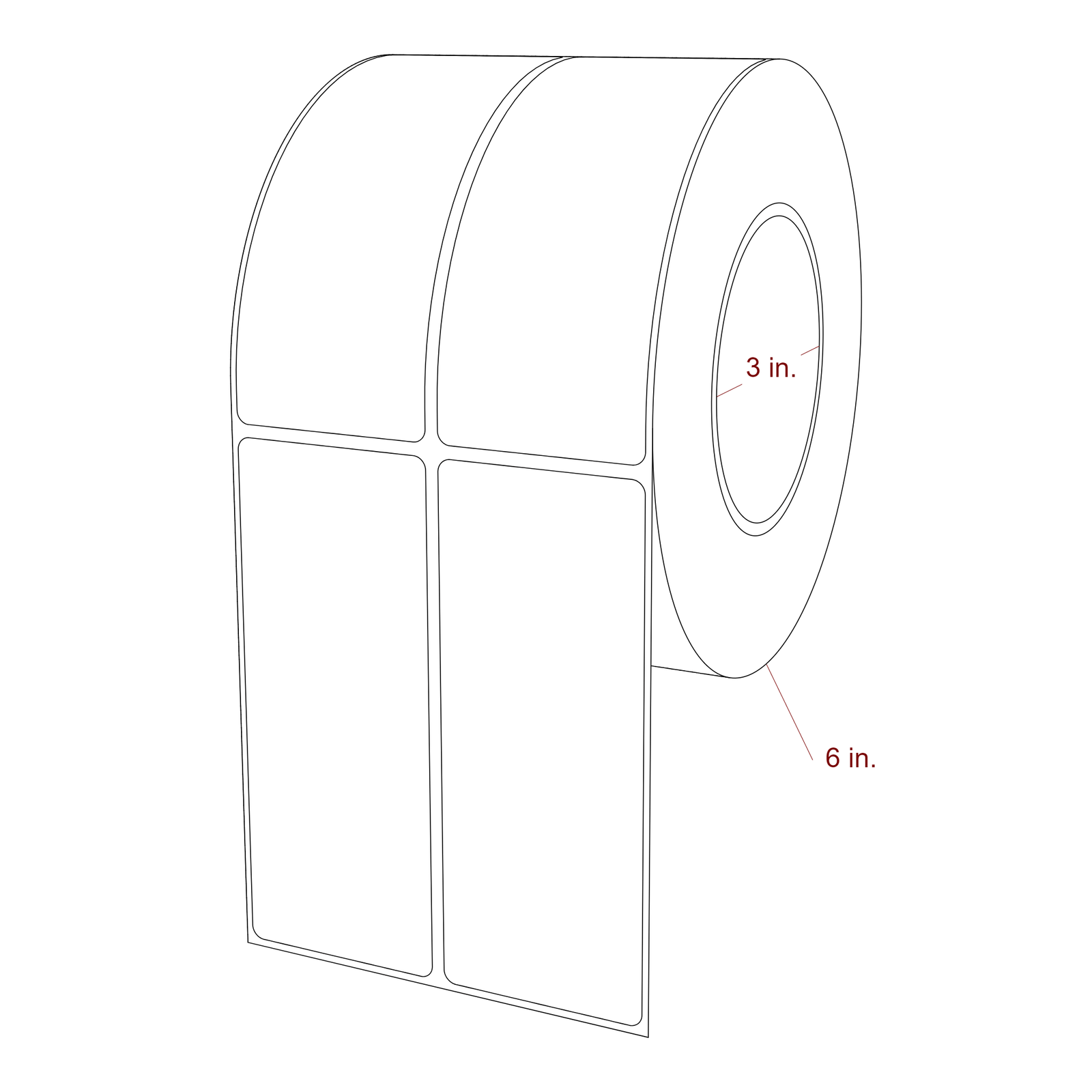 2 Inch x 5 Inch Rectangle Inkjet Label Roll - 3 Inch Core - 6 Inch Roll OD - 2Up - 3D Perspective