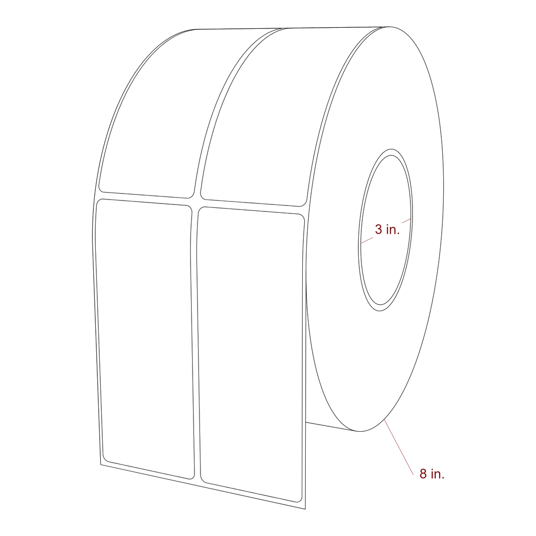 2 Inch x 5 Inch Rectangle Inkjet Label Roll - 3 Inch Core - 8 Inch Roll OD - 2Up - 3D Perspective