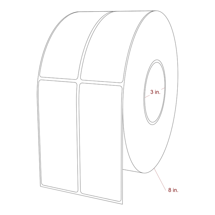 2 Inch x 5 Inch Rectangle Inkjet Label Roll - 3 Inch Core - 8 Inch Roll OD - 2Up - 3D Perspective